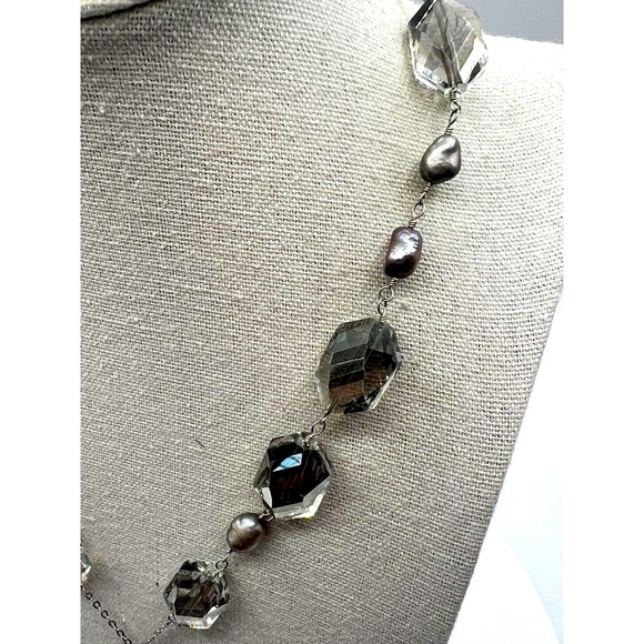 925 Sterling Silver Necklace With Swarovski Crystals & Grey Pearls.  A60 - Picture 10 of 13